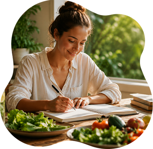 Mujer escribiendo en un cuaderno junto a una ventana, con vegetación y alimentos frescos