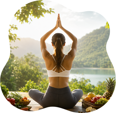 Mujer meditando junto a un lago, rodeada de naturaleza y alimentos frescos