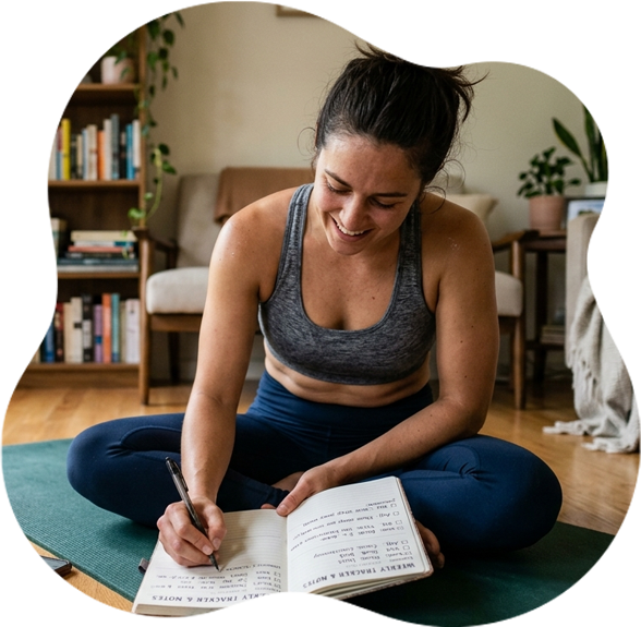Mujer escribiendo en su cuaderno durante un momento de calma en casa